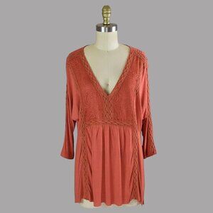 ANTHROPOLOGIE LANGUAGE BURNT ORANGE EMBROIDERED 3/4 SLEEVE TOP
